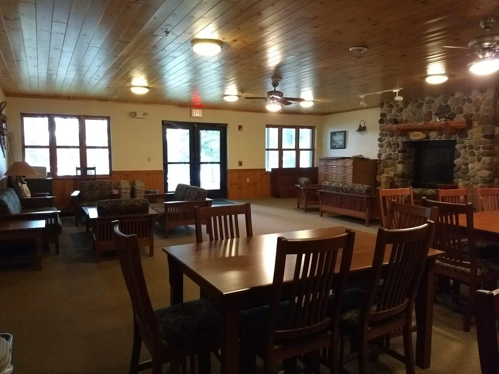 tables and fireplace